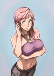  1girl bare_shoulders blue_eyes breast_hold breasts choker final_fantasy final_fantasy_xiv highres hyur imdsound long_hair looking_at_viewer midriff pink_hair smile solo 