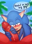  bedroom_eyes blush duckyeah erection green_eyes half-closed_eyes handjob huge_penis knuckles_the_echidna male male/male outside penis precum seductive sonic_(series) sonic_the_hedgehog 