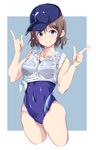  alp bare_shoulders blue_eyes blush breasts brown_hair competition_swimsuit hat looking_at_viewer love_live! love_live!_sunshine!! medium_breasts one-piece_swimsuit shirt short_hair smile solo swimsuit swimsuit_under_clothes tied_shirt watanabe_you wet wet_clothes 