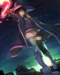  bandages black_eyes black_hair black_legwear black_panties boots cape dutch_angle hat hatahata_p_(taritari1648) highres knee_boots kono_subarashii_sekai_ni_shukufuku_wo! long_hair looking_at_viewer magic megumin night no_panties open_mouth outstretched_arm panties panties_removed single_thighhigh sky solo staff standing star_(sky) starry_sky thighhighs underwear wide-eyed witch_hat 