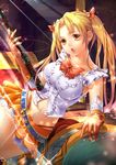  :o blonde_hair bow frills gloves highres long_hair looking_at_viewer miniskirt navel orange_bow orange_gloves orange_skirt original print_belt shirt skirt solo soucl staff twintails white_shirt yellow_eyes 