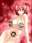  bikini blush breasts coin hair_bobbles hair_ornament highres jpeg_artifacts large_breasts maebari nippleless_clothes nipples onozuka_komachi red_hair short_hair solo swimsuit touhou tro two_side_up 