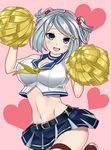 belt blue_eyes breasts cheerleader cleavage commentary_request hair_ornament hairclip hamakaze_(kantai_collection) hand_up kantai_collection large_breasts midriff navel neckerchief open_mouth pleated_skirt pom_poms school_uniform serafuku short_hair silver_hair sin_(kami148) skirt smile solo stomach yellow_neckwear 