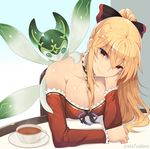  bare_shoulders blonde_hair bow breasts chevalier_(granblue_fantasy) cleavage cup granblue_fantasy hair_bow large_breasts long_hair looking_at_viewer ponytail smile solo sts tea teacup twitter_username vira_lilie 