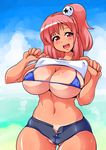  1girl areola_slip areolae bikini_top blush breasts cleavage curvy dead_or_alive female honoka_(doa) huge_breasts large_breasts looking_at_viewer maru navel pink_hair red_eyes ryoi ryoimaru ryou shirt shirt_lift shorts side_ponytail smile solo standing sweat tanline tecmo thick_thighs wide_hips 