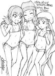  :d :o ^_^ artist_name beanie beret bikini closed_eyes collarbone digimon digimon_frontier digimon_savers digimon_xros_wars flat_chest greyscale grin hand_on_another's_shoulder hat hinomoto_akari holding_hands long_hair micro_bikini monochrome multiple_girls navel open_mouth orimoto_izumi rhythm_(digimon_savers) ribbon shikapu short_hair side-tie_bikini signature sketch smile swimsuit translation_request twintails 