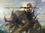  atmospheric_perspective cloudscape elf female holding_object holding_weapon horn humanoid landscape magic_the_gathering monster official_art pointy_ears riding saddle scalie side_view signature sky victor_adame_minguez weapon 