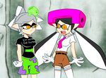  armor beauty_mark black_hair breasts callie_(splatoon) clothing duo ear_piercing english_text eyelashes female gloves hair helmet inkling marie_(splatoon) necktie neogandw nickelodeon nintendo open_mouth parody piercing pointy_ears shirt splatoon spongebob_squarepants tentacle_hair tentacles text video_games white_hair yellow_eyes 