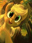  2016 applejack_(mlp) blonde_hair dimfann earth_pony equine female feral forest freckles friendship_is_magic fur green_eyes hair hi_res horse looking_at_viewer mammal my_little_pony orange_fur outside pony smile solo tree 