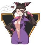  aiba-tsukiko biker_clothes bikesuit bodysuit breasts cleavage drill_hair evil_grin evil_smile eyepatch fingerless_gloves gloves grin han_juri looking_at_viewer medium_breasts midriff navel print_eyepatch purple_bodysuit purple_suit sideboob smile solo speech_bubble street_fighter street_fighter_v twin_drills unzipped 
