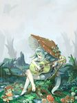  acoustic_guitar bangs barefoot blush body_blush closed_eyes crossed_legs dress facing_away fern fly_agaric fog from_side green_dress green_hair guitar highres hu_hu instrument leaf long_hair looking_at_another moss mushroom mushroom_girl mushroom_hat music nature open_mouth original outdoors pale_skin plant playing_instrument pointy_ears profile puddle rain sitting solo tree tree_stump very_long_hair water wavy_mouth |_| 