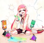  bike_shorts blush bomb burst_bomb_(splatoon) closed_eyes domino_mask fangs hair_ornament hairclip inkling komesukeee long_hair long_sleeves mask paint pink_hair sailor_collar sailor_shirt seeker_(splatoon) shirt shoes sitting smile sneakers solo splat_bomb_(splatoon) splatoon_(series) splatoon_1 splatoon_2 splatter suction_bomb_(splatoon) suction_cups tentacle_hair water_balloon 