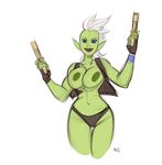  animated blue_eyes breasts clothing female green_nipples green_skin gun hair humanoid lips nipples pointy_ears ranged_weapon solo vest weapon white_hair wide_hips 