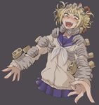  1girl bangs blonde_hair blush boku_no_hero_academia cardigan cowboy_shot double_bun fangs hand_on_head holding messy_hair no_legs open_mouth school_uniform serafuku skirt smile solo strangling suzurino toga_himiko translated yellow_eyes 