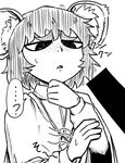  ? amulet animal_ears bar_censor capelet censored chin_stroking commentary eyebrows freckles greyscale hand_on_own_arm hand_on_own_chin implied_penis long_sleeves monochrome mouse_ears nazrin nicetack short_hair simple_background solo sweat touhou 