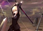  absurdres artoria_pendragon_(all) black_hair blonde_hair breasts character_name cleavage dark_excalibur fate/stay_night fate_(series) field_of_blades highres ice_spirit_tarot medium_breasts planted_sword planted_weapon saber_alter solo sword weapon 