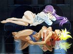 90s artist_request breasts covered_nipples dark_skin dirty_pair dirty_pair_flash kei_(dirty_pair) long_sleeves medium_breasts multiple_girls official_art open_clothes open_shirt reflection shirt short_shorts shorts unbuttoned wallpaper yuri_(dirty_pair) 