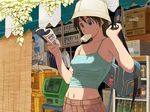  afternoon_(magazine) azuma_kiyohiko bag bag_charm bare_shoulders book bottle brown_hair can cat charm_(object) corded_phone food hat highres ice_cream midriff mouth_hold payphone phone popsicle reading shop solo sweat wallpaper 