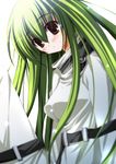  blush c.c. code_geass green_hair highres long_hair mizusawa_mimori solo straitjacket tears 
