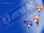  2006_fifa_world_cup 3girls ahoge antenna_hair aqua_eyes artist_request blue_eyes blue_hair braid chibi green_eyes hairband hayase_mitsuki japan kimi_ga_nozomu_eien multiple_girls open_mouth ponytail red_hair short_hair suzumiya_akane suzumiya_haruka twin_braids uniform wallpaper world_cup 