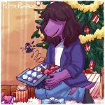  2018 5_fingers anthro beverage bow box brown_hair christmas christmas_tree claws clothed clothing cup deltarune detailed_background digital_media_(artwork) footwear freckles fully_clothed gift hair hair_over_eyes holding_object holidays inside jacket jeans kneeling lancer_(deltarune) lizard ornament pants petite-pumpkin purple_scales purple_tail reptile ribbons scales scalie shirt shoes signature sitting smile snout solo susie_(deltarune) torn_clothing torn_jeans torn_pants tree 