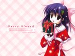  box capelet christmas gift gift_box hair_ornament holding holding_gift holly holly_hair_ornament long_sleeves looking_at_viewer merry_christmas nanao_naru original purple_hair red_capelet santa_costume solo wallpaper 