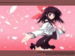  black_dress black_hair bow copyright_request dress green_eyes hair_ribbon long_sleeves nakamura_takeshi outstretched_hand petals pink_background ribbon school_uniform short_hair signature smile solo wallpaper 