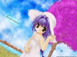  braid brown_eyes copyright_request dress gotou_nao hat long_hair purple_hair smile solo sundress tree wallpaper water 