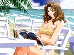  90s bandeau bangs bare_shoulders beach bikini book breasts brown_eyes brown_hair chair cleavage cloud covered_nipples crossed_legs cup day drink drinking_glass drinking_straw eyelashes glass highleg highleg_bikini highleg_swimsuit holding ice ice_cube ichikawa_sakura keseran light_rays long_hair medium_breasts mountain ocean oldschool outdoors palm_tree parted_bangs private_garden profile reading shadow shirt sitting sky smile solo sunbeam sunlight swimsuit table taut_clothes taut_shirt tree wallpaper water wavy_hair 