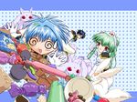  2girls @_@ animal_ears blue_hair blush galaxy_angel green_hair long_hair long_sleeves mint_blancmanche multiple_girls pantyhose ponytail red_eyes sweatdrop takuto_meyers vanilla_h wallpaper white_legwear 