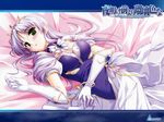  bed_sheet bekkankou blush crown dress elbow_gloves feena_fam_earthlight gloves green_eyes lavender_hair long_hair lying on_back purple_hair solo tiara wallpaper yoake_mae_yori_ruri_iro_na 