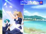  ahoge arms_up blonde_hair blue_dress blue_sky bow cloud cowboy_shot da day dress fujimiya_nozomi fujimiya_wakaba green_hair hair_ribbon long_sleeves multiple_girls outstretched_arms ponytail puffy_short_sleeves puffy_sleeves ribbon school_uniform short_hair short_sleeves sky standing wallpaper white_bow wind_a_breath_of_heart yuuki_tatsuya 