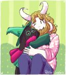  2018 5_fingers abstract_background ambiguous_gender anthro asgore_dreemurr beard black_fur blonde_hair boss_monster caprine clothed clothing darkner deltarune digital_media_(artwork) duo embrace eyes_closed eyewear facial_hair floppy_ears flower fully_clothed fur glasses goat green_background green_clothing green_hat green_robe hair hat horn hug jeans male mammal one_eye_closed open_mouth open_smile pants petite-pumpkin pink_clothing pink_scarf pink_shirt plant ralsei robe scarf shirt signature simple_background sitting smile standing undertale video_games white_eyes white_fur witch_hat 