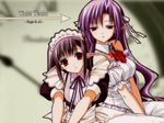  ai_(tick!_tack!) bangs blurry blurry_background brooch character_name clock copyright_name detached_collar dress hair_ribbon half-closed_eyes head_tilt jewelry long_hair looking_at_another looking_at_viewer maid maid_headdress multiple_girls neck_ribbon official_art pointy_ears puffy_short_sleeves puffy_sleeves purple_hair red_eyes ribbon sage_(tick!_tack!) sash short_sleeves shuffle! smile strapless strapless_dress suzuhira_hiro tick!_tack! wallpaper 