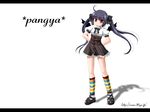  ahoge arms_behind_back black_bow black_footwear black_hair bow copyright_name full_body hair_bow kneehighs kooh letterboxed long_hair looking_at_viewer pangya red_eyes shadow shirt shoes sidelocks skirt solo standing striped striped_legwear twintails vertical_stripes wallpaper watermark web_address white_background white_shirt 