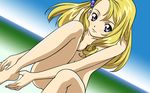  blonde_hair blush convenient_arm convenient_leg grey_eyes highres looking_at_viewer negativezero nude simoun smile solo wallpaper yun_(simoun) 