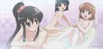  absurdres alternate_hairstyle bath bathtub black_hair blush breasts covering covering_breasts flat_chest hasegawa_shin'ya highres konoe_fumina large_breasts megami multiple_girls nude ponytail scan shakugan_no_shana shana shared_bathing slipper_bathtub steam tile_wall tiles yoshida_kazumi 