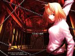  arcueid_brunestud arm_up blonde_hair chain long_skirt long_sleeves looking_at_viewer melty_blood red_eyes restrained short_hair skirt smile solo sweater takeuchi_takashi tsukihime turtleneck wallpaper 