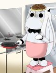  apron comic commentary cooking food food_on_face food_on_head horns jewelry kantai_collection kitchen long_hair md5_mismatch mittens moomin muppo northern_ocean_hime object_on_head okonomiyaki sazanami_konami shinkaisei-kan standing_on_object step stool stove translated 