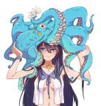  animal animal_on_head bangs black_hair blue_eyes blue_ribbon bracelet breasts carrying_overhead catin closed_mouth eyebrows eyebrows_visible_through_hair flower hair_between_eyes hands_up holding holding_flower jewelry large_breasts long_hair nail_polish no_bra octopus on_head open_clothes open_shirt original ribbon school_uniform serafuku shell_necklace shirt simple_background sleeveless smile solo starfish uneven_eyes upper_body white_background white_flower 