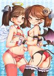  :d angel_and_devil angel_wings ass black_legwear blush bow bow_panties bra breasts brown_eyes brown_hair covered_nipples demon_horns demon_tail demon_wings dual_persona fang fang_out garter_belt gloves halo horns jpeg_artifacts kantai_collection looking_at_viewer multiple_girls naughty_face navel open_mouth panties pink_bra pink_legwear pink_panties pointy_ears red_bra red_panties ryuujou_(kantai_collection) sheep_horns skindentation small_breasts smile smug striped tail thighhighs twintails underwear uousa-ou vertical-striped_bra vertical-striped_panties vertical_stripes white_gloves wings 