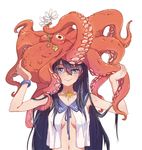  animal animal_on_head bangs black_hair blue_eyes blue_ribbon bracelet breasts carrying_overhead catin closed_mouth eyebrows eyebrows_visible_through_hair flower hair_between_eyes hands_up holding holding_flower jewelry long_hair medium_breasts nail_polish no_bra octopus on_head open_clothes open_shirt original ribbon school_uniform serafuku shell_necklace shirt simple_background sleeveless smile solo starfish uneven_eyes upper_body white_background white_flower 