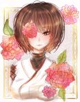  brown_eyes brown_hair flower frame highres hyuuga_(kantai_collection) kantai_collection looking_at_viewer nontraditional_miko nora_(salatto) one_eye_covered short_hair solo 