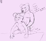  2015 age_difference anthro balls barefoot bed brothers canine compfive cub dialogue digital_drawing_(artwork) digital_media_(artwork) dirty_talk dog english_text erection eyes_closed freckles from_behind_position front_view humanoid_penis incest kneeling leaning leaning_forward looking_pleasured mammal monochrome naughty_face navel nipples on_bed pecs penis sex sibling signature size_difference sketch smile speech_bubble spread_legs spreading standing text young 