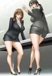  2girls black_hair breasts brown_eyes brown_hair business_suit cleavage curvy formal high_heels huge_breasts jacket legs long_hair miniskirt mole mole_under_eye multiple_girls office_lady open_mouth panties pantylines parted_lips pencil_skirt photoshop ponytail shoes skirt skirt_suit suit tatsunami_youtoku thighs underwear wide_hips 
