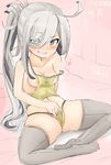  1girl ahoge areolae asashimo_(kantai_collection) breasts earrings grey_eyes grin hair_over_one_eye heart heart_earrings kantai_collection looking_at_viewer nipples okiraku_nikku ponytail silver_hair sitting small_breasts smile solo spread_legs thighhighs 
