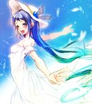  alternate_costume bangs blue_eyes blue_hair dress gradient_hair hat kantai_collection long_hair magai_akashi multicolored_hair open_mouth outstretched_arms samidare_(kantai_collection) smile solo spread_arms sun_hat sundress swept_bangs very_long_hair white_dress 