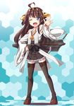  ;d ahoge bare_shoulders black_footwear black_legwear blue_background boots brown_hair brown_skirt detached_sleeves double_bun frilled_skirt frills full_body hand_on_hip headgear highres honeycomb_(pattern) honeycomb_background kantai_collection kayama_kenji kongou_(kantai_collection) long_hair looking_at_viewer machinery nontraditional_miko one_eye_closed open_mouth outstretched_hand pleated_skirt purple_eyes ribbon-trimmed_sleeves ribbon_trim skirt smile solo standing thigh_boots thighhighs younger zettai_ryouiki 