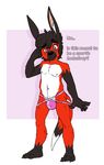  anthro barefoot blush bulge clothed clothing confusion cub dialogue english_text flat_colors front_view geometric_background jockstrap kangaroo looking_down male mammal marsupial nipples plantigrade scratching_head solo standing talking_to_viwewer text tonio tonio_(artist) topless underwear underwear_pull young 