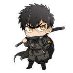  armor black_hair chibi commentary_request doudanuki_masakuni flower_knot hand_on_hip ikeda_jun_(aquaqua) japanese_armor japanese_clothes katana male_focus sanpaku scar scarf shoulder_armor sode solo sword tassel touken_ranbu weapon yellow_eyes 